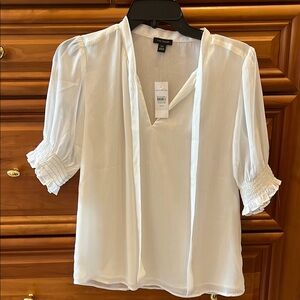 Ann Taylor White Blouse with Pleated Sleeves